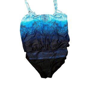 Swimsuits‎ For All Blue Black Tribal Print Blouson One Piece Padded Cups Size 22
